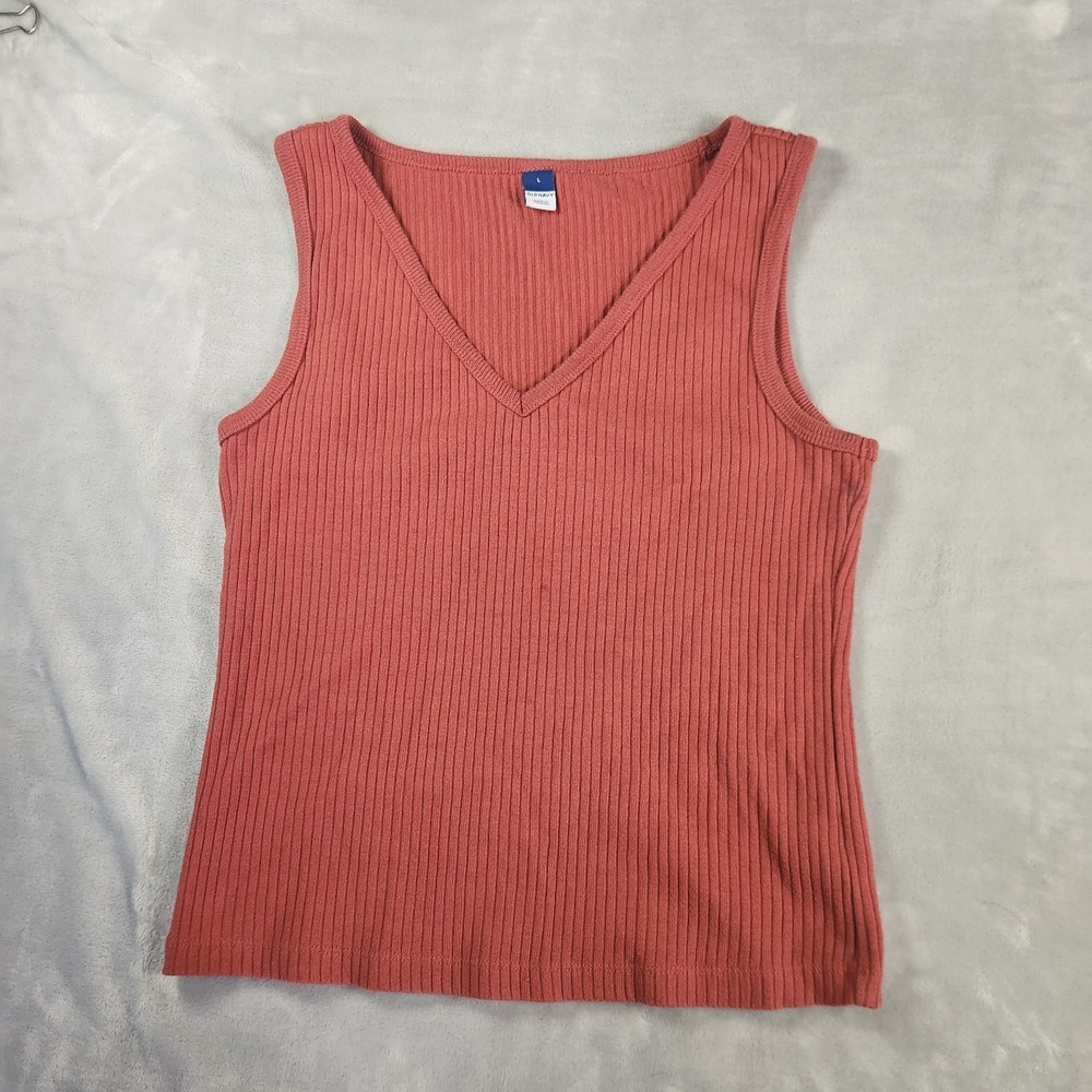 Old Navy V-Neck Cotton Ribbed Tank Top Burnt Orange Slim Fit Minimalist Capsule‎